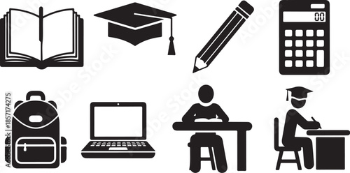 Education and learning materials icons set