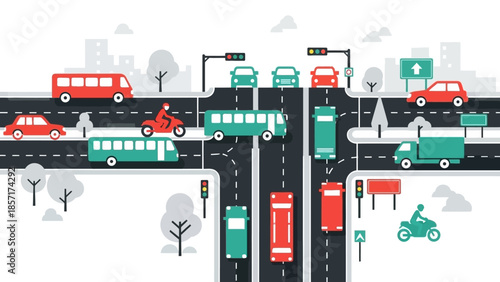 Urban traffic intersection with various vehicles and traffic lights, flat design