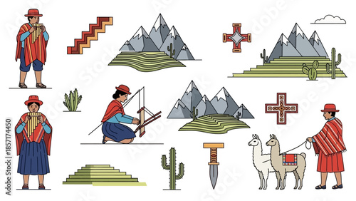 Andean Culture Elements: People, Llamas, Mountains, Weaving, Inca Symbols