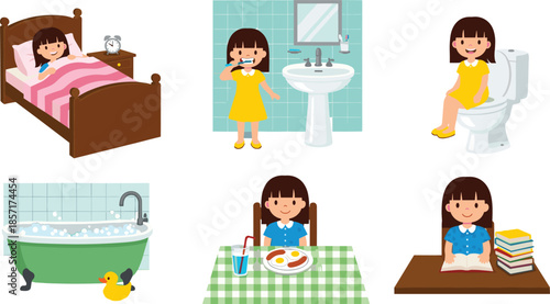 Cartoon girl morning routine vector illustration, waking up, brushing teeth, bathroom toilet, bathtub bubbles, breakfast table, reading books, daily activities, hygiene, learning