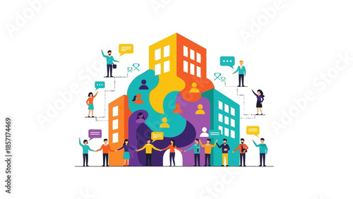 Community Building Blocks: Diverse People Connect and Communicate in Colorful Cityscape