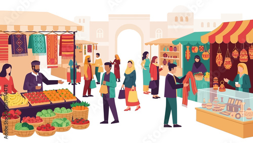 Diverse people shopping at colorful outdoor market stalls with fruits and textiles