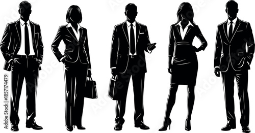 Black Silhouettes of Five Diverse Business People Standing in Formal Suits, Representing Corporate Teamwork, Professionalism, Diversity, and Success