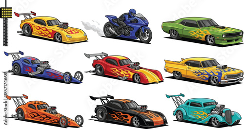 Drag racing vector illustration set, hot rod cars, flame decals, custom muscle vehicles, racing motorcycle artwork, high performance engines, colorful automotive graphics