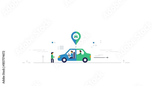 Ride Sharing Service: Car with Passengers and Location Pin, Flat Design