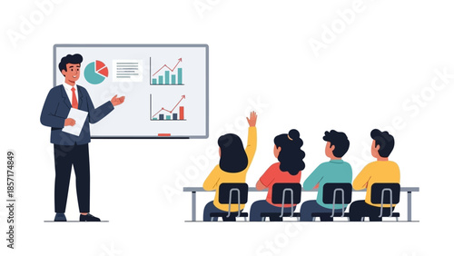 Business presentation with charts on whiteboard, teacher and students in classroom