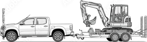 Heavy Construction Equipment Collection with Excavators Dump Trucks and Pickup Truck Towing Mini Digger on Trailer Vector Illustration for Industrial Design