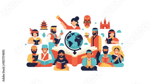 Diverse People Reading Books Around Globe, Global Education Concept Flat Illustration