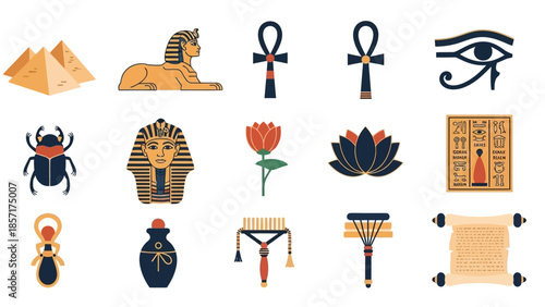 Ancient Egyptian Symbols Collection: Pyramids, Sphinx, Ankh, Scarab, Pharaoh, Lotus, Eye