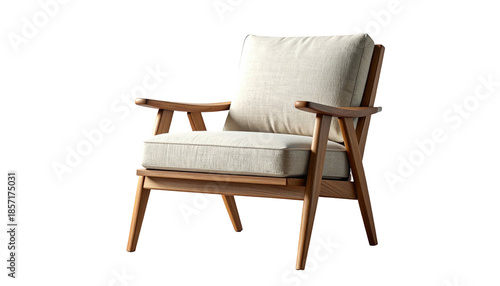 A comfortable wooden armchair with beige cushions against a black background