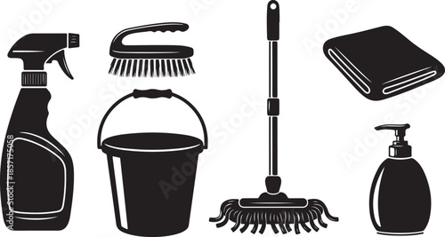 Collection of household cleaning supplies and tools