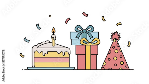 Happy Birthday Celebration: Cake, Gifts, Party Hat & Confetti - Flat Design