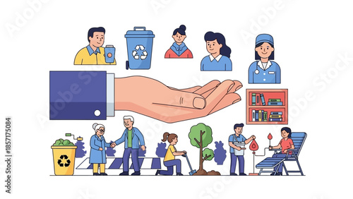 Community Care and Sustainability: Diverse People Helping, Recycling, and Gardening