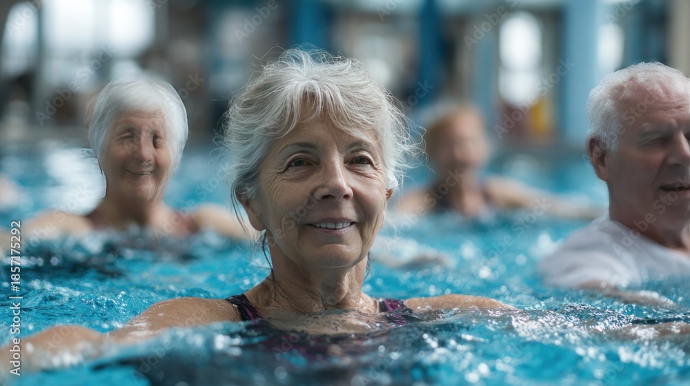 Fototapeta premium Seniors swimming exercising water aerobics pool
