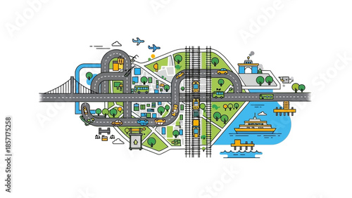 Urban transport map illustration with cars, trains, planes, and ships on white background