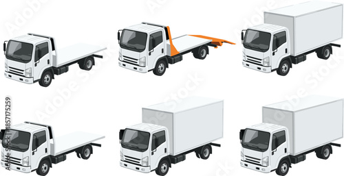 Light duty flatbed and box truck illustration set, commercial transport vehicle collection, cargo delivery trucks graphic, modern logistics transportation artwork