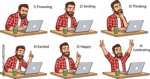 Man working on laptop showing different emotions, cartoon character illustration for office stress, productivity, happiness, workplace reactions, digital work and freelancer concepts