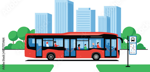 Modern red city bus with passengers at bus stop, urban transportation illustration featuring public transit, commuting, travel and city lifestyle concept design
