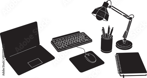modern office workspace with laptop and accessories