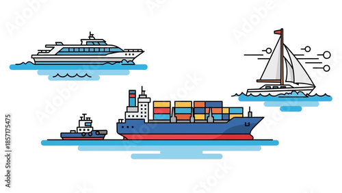 Set of cargo ship, yacht, and sailboat on water, vector illustration