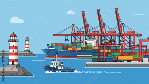 Cargo ship loading at port with cranes, lighthouses and tugboat in flat design.