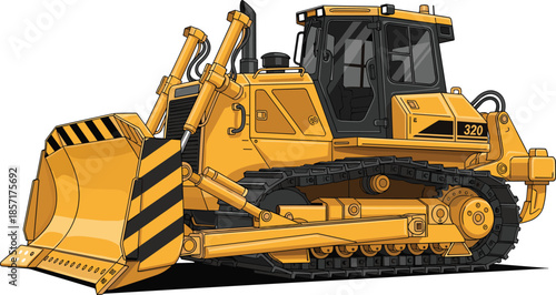 Powerful heavy bulldozer machine illustration, industrial construction equipment with large blade, tracked earthmoving vehicle graphic for mining, engineering and building project work