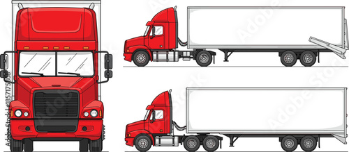 Red semi truck with trailer illustration set, detailed transportation vehicle graphic, modern freight truck design, front and side view artwork