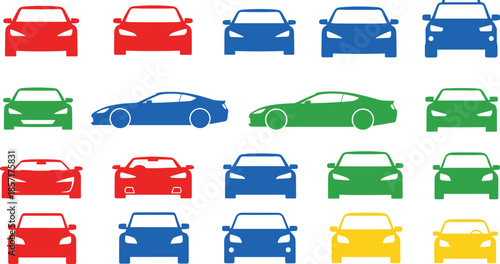 Set of colorful car icons, modern vehicle silhouette illustrations, front and side view automotive symbols for transport, design, infographic and digital graphic projects