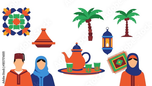 Moroccan Culture Elements: People, Tea Set, Palm Trees, Lantern, Tajine, Rug