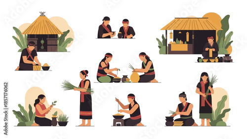 Traditional Village Life Illustration: People Engaged in Daily Activities and Craftsmanship