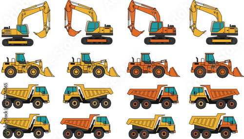 Yellow and Orange Heavy Construction Vehicle Set Featuring Excavators Wheel Loaders and Dump Trucks in Flat Vector Style for Industrial Design