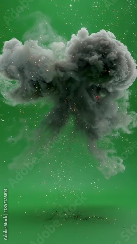 An exploding pyrotechnic display with flames and smoke on a vibrant green backdrop