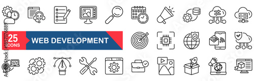 Web development set of web icons in line style. vector illustration concept for technology, app, computer, datum, software, design, code, application, thin, stroke, cyberspace