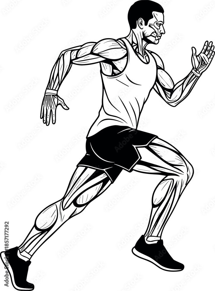 Fototapeta premium Detailed Line Art Illustration of a Male Runner in Mid-Stride Showing the Skeletal and Muscular Anatomy for Medical and Fitness Concepts