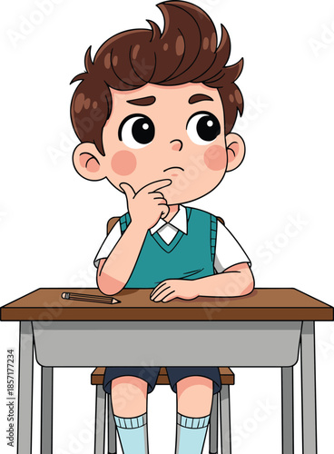 Cartoon schoolboy thinking at desk, student pondering classroom problem, educational concept illustration, child learning vector art, thoughtful boy studying, academic creativity scene