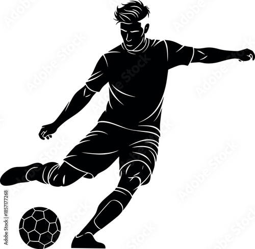 Detailed Black Silhouette of a Male Soccer Player Kicking a Football with Great Force, Emphasizing Dynamic Action, Agility, and Sports Competition