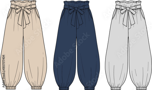 Women paper bag waist trousers set with tie belt, high waisted harem pants, cad drawing flat vector illustration, fashion technical sketch.
