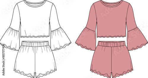 Women pink pajama set with bell sleeve top and shorts, fashion flat sketch, loungewear outfit, cad drawing flat vector illustration.