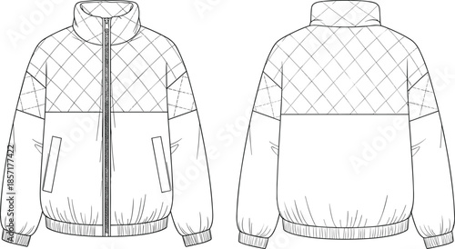 Women quilted puffer jacket technical sketch, front and back view, zip up coat, fashion flat vector illustration, winter outerwear design.