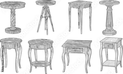 Wooden side table set, vintage nightstand furniture sketch, round square coffee tables, classic interior design, cad drawing flat vector illustration.