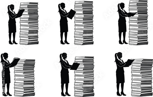 WebBusinesswoman silhouette reading document next to tall stack of paper files, office administration workload, cad drawing flat vector illustration.