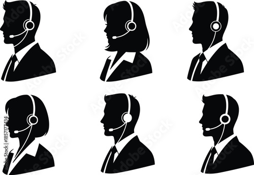 Call center agent silhouette profiles with headsets, customer service support team icons, male and female, cad drawing flat vector illustration.