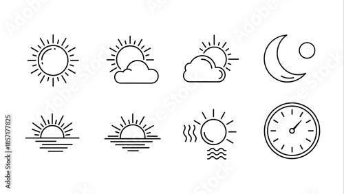 Collection of Weather Icons Representing Sun Moon Clouds and Thermometer.