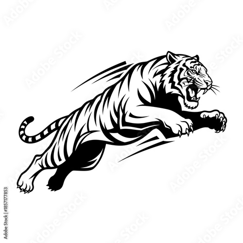 Dynamic Black and White Illustration of a Fierce Tiger in Mid-Leap.