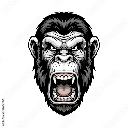 Fierce Gorilla Head with Open Mouth and Sharp Teeth.
