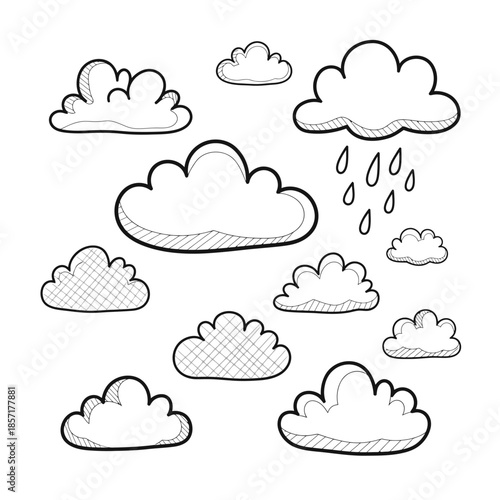 Hand Drawn Clouds and Raindrops Illustration.
