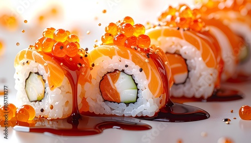 Gourmet Salmon Sushi Roll with Orange Caviar Topping and Teriyaki Glaze