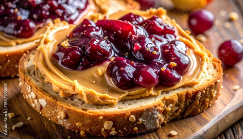 Professional Macro Shot of Chunky Peanut Butter and Glossy Grape Jelly on Artisanal Seeded Bread