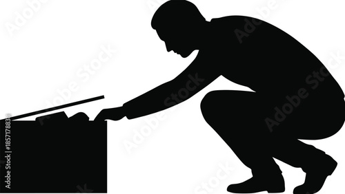 Man, working, silhouette, pushing, heavy, box, effort, strength, struggle, challenge, labor, black, figure, isolated, white, background, hard, work, concept, determination