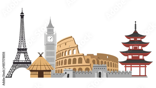 Famous World Landmarks Collage: Eiffel Tower, Big Ben, Colosseum, Pagoda, Hut